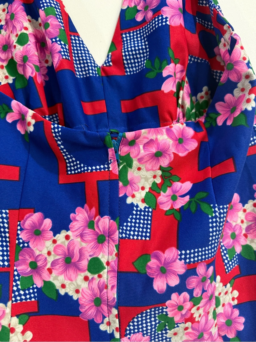 Vintage Floral Halter Maxi Dress - Bold Blue Pink Floral Geometric Print S/M fit - Picture 6 of 11
